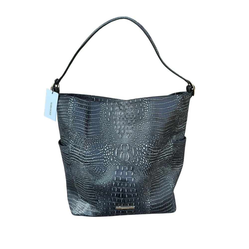 Brahmin Parin Black & Silver Regal Embossed Leather Tote Bag New